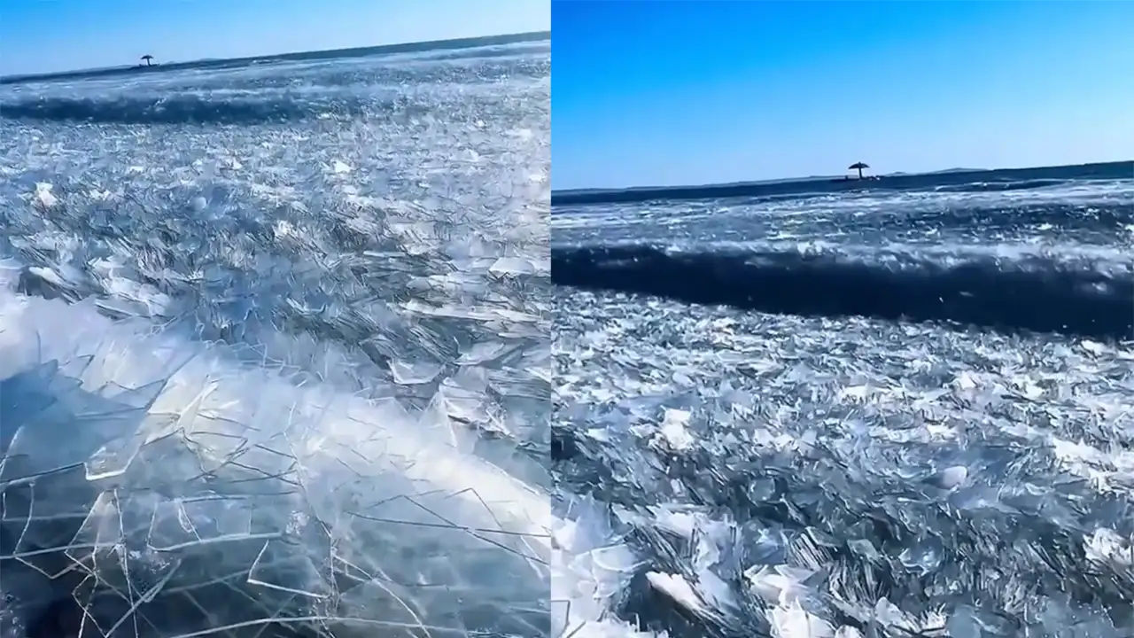 Valuri de gheață pe lacul Hulun din China: un peisaj parcă din cristal